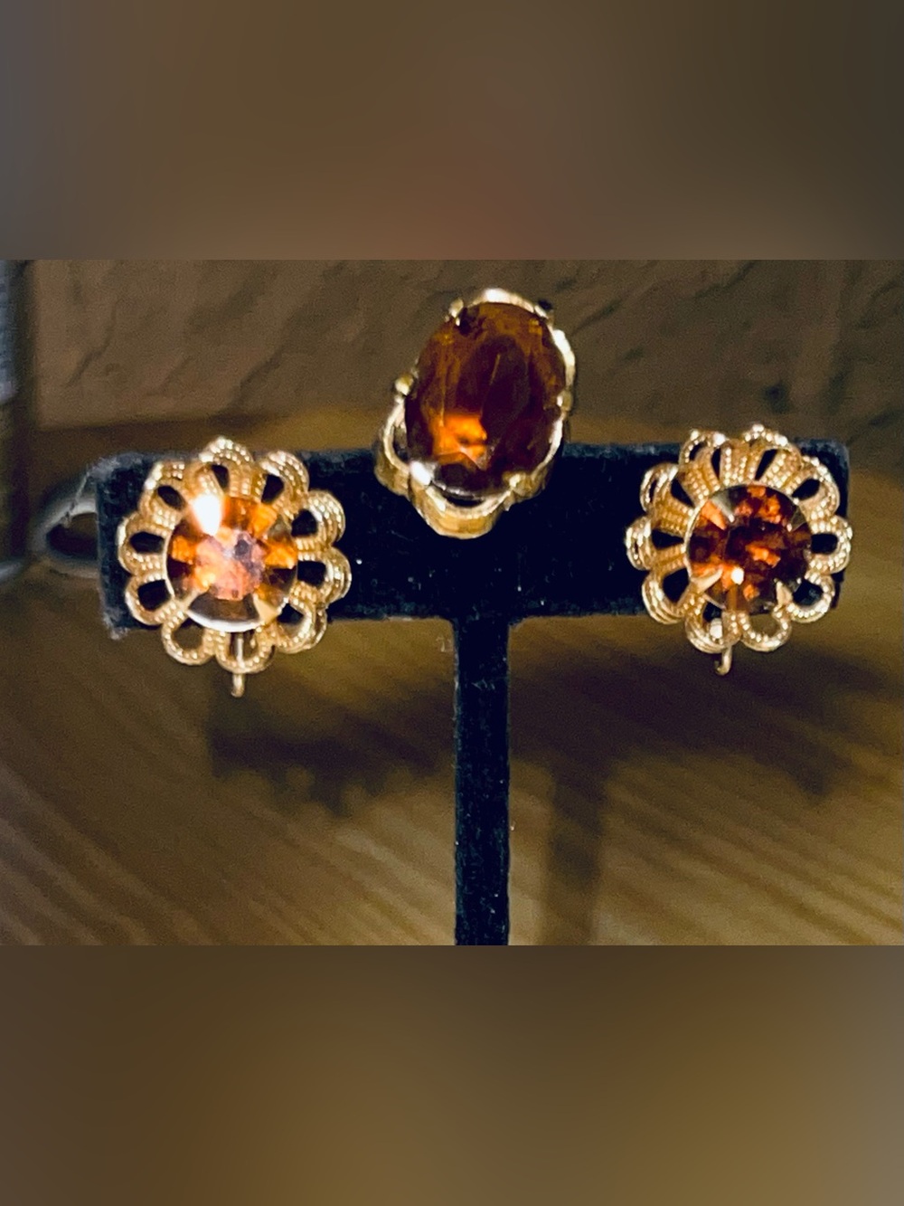 Vintage Sarah Coventry Topaz Wood Nymph Ring & Marigold Earrings Set